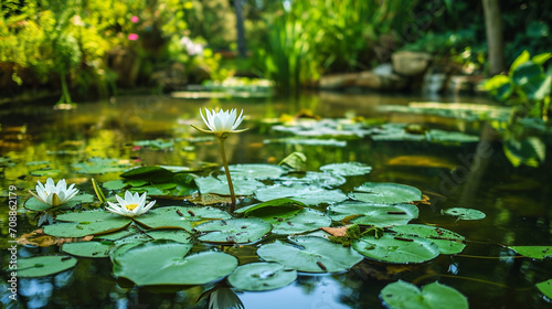 Tranquil pond with lily pads symbolizing water conservation, AI Generated