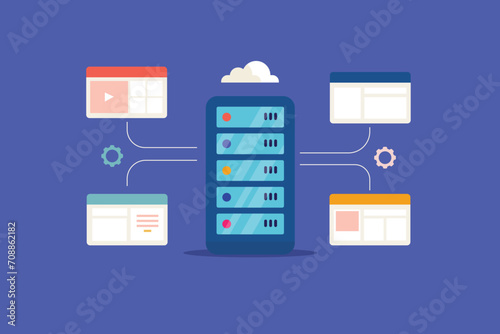 Multiple website or blog hosting in a shared server, digital communication and cloud technology datacentre concept, vector illustration.