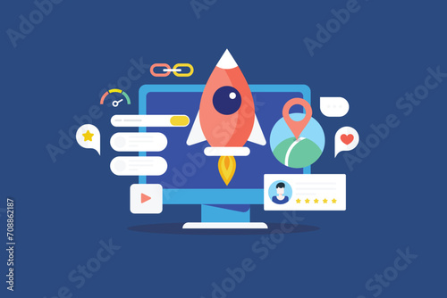 High ranking SEO development for new company and startup branding, business map listing and search optimization concept, vector illustration.