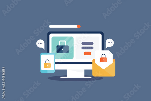 Computer security, encrypted email message, secure mobile login concept of cyber security software app for electronic devices, vector illustration.