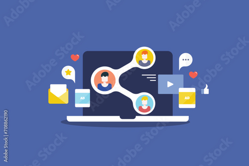 Social media marketing, online audience sharing content on internet, viral video and post, message digital communication concept on laptop screen, vector illustration.