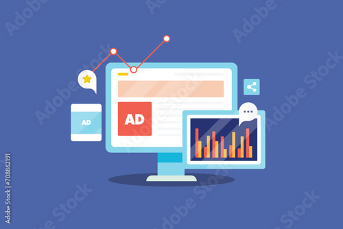 Advertising analytics visual data on dashboard, business report and marketing performance monitoring, financial investment and conversion conceptual, vector illustration.