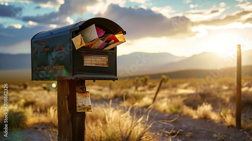 Brimming mailbox in remote setting filled with diverse mail, AI Generated