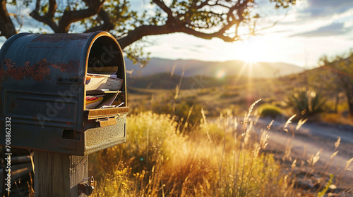 Brimming mailbox in remote setting filled with diverse mail, AI Generated photo