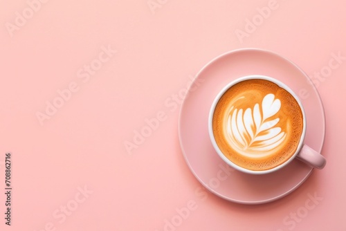 cup of coffee with lattee art in peach fuzz color on the pastel peach background center composition flat lay photo