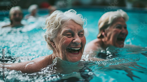 Camaraderie and joy among senior women in aqua fit class, AI Generated © Shining Pro