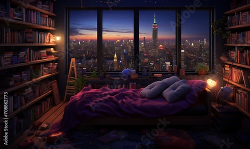 A large room in an expensive high-rise with a spectacular view  at night  room for a bed and colorful pillows  in the style of witchy academia  bibliopunk. Generative Ai