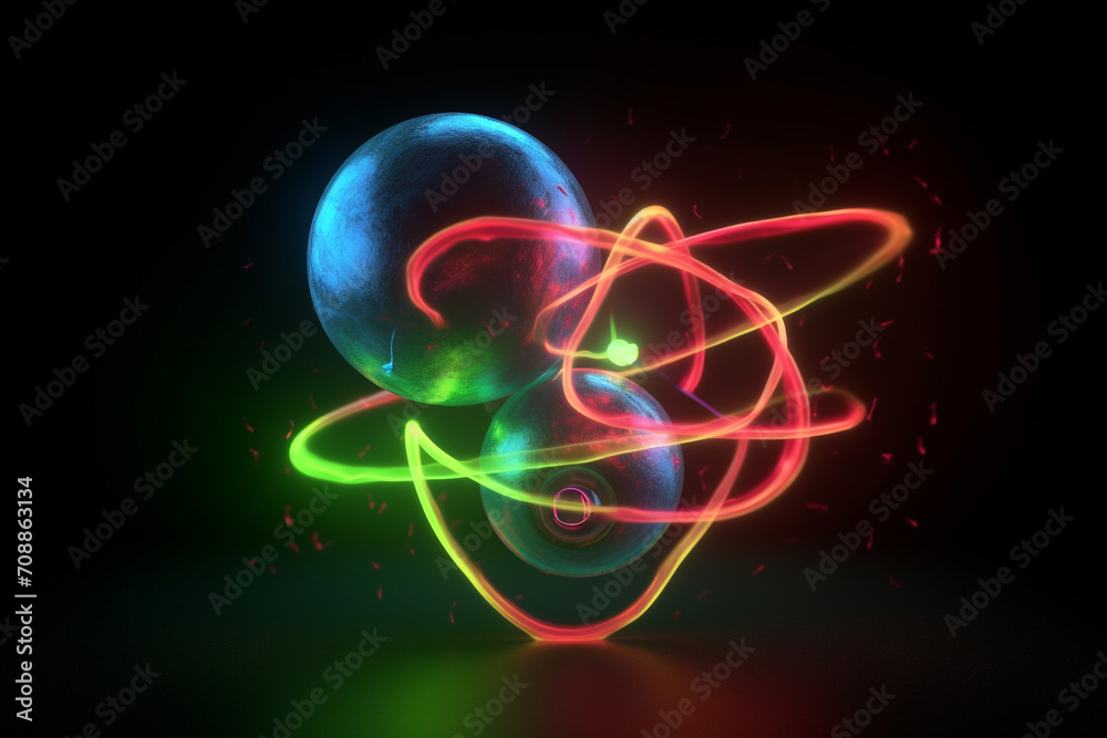 Science and technology concept. Abstract and surreal atom model colorful lightning trails and visualization in dark background with copy space. Neon colored vivid light