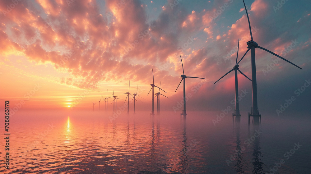 Offshore wind turbines on misty sunrise, AI Generated