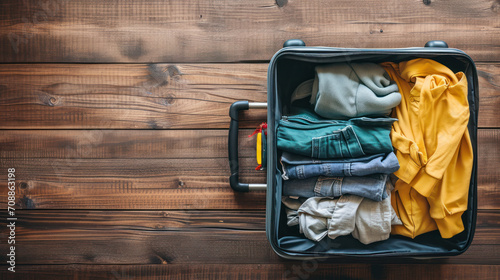 Flat lay of packed clothes luggage for summer holiday vacation photo