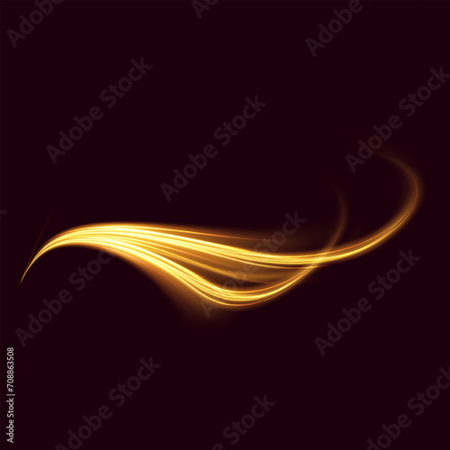Glowing spark swirl trail tracing light effect. Vector glowing light lines. Neon light, electric light, light effect PNG. Gold line PNG, magical glow, shine. 