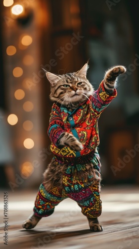 Cute cat wearing colorful clothes dancing on brown background . Vertical background