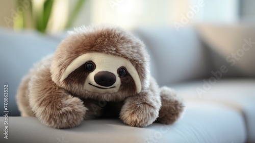 Cute sloth plush toy, closeup.
