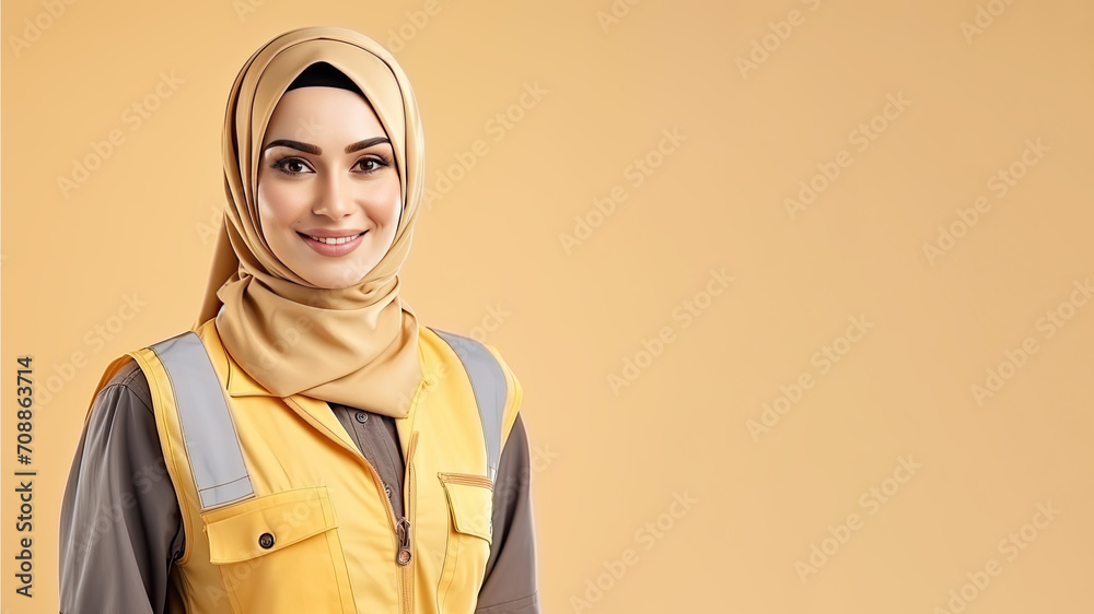 Arab hijab woman in public transportation uniform on pastel background Arab hijab woman in public transportation uniform on pastel background