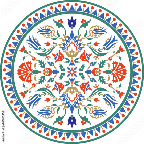 Vector colored round Turkish ornament. Ottoman circle, ring, frame.