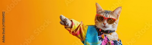 Cat wearing colorful clothes on yellow background 