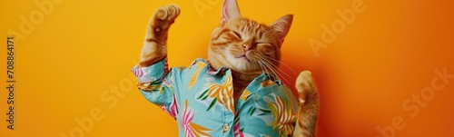 Cute cat wearing colorful clothes dancing on orange background . Banner photo