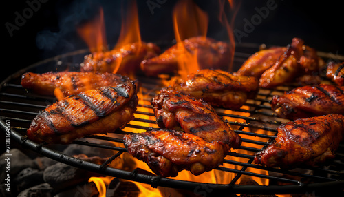Glossy grilled chicken on a grill with smoke against a dark background, AI generated