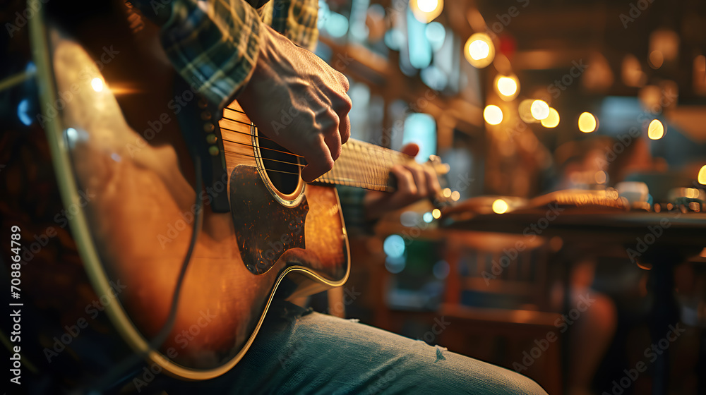 Male musician playing guitar in restaurant, closeup of hand playing guitar. - obrazy, fototapety, plakaty 
