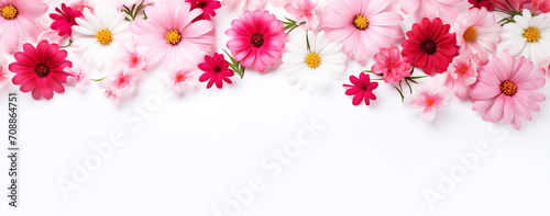 Vibrant pink and red floral banner, perfect for spring designs, wedding invitations, and web headers on a white backdrop. AI Generative