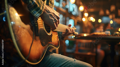 Male musician playing guitar in restaurant, closeup of hand playing guitar. photo