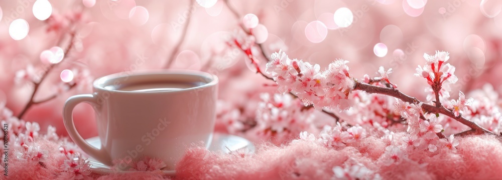 Happy Valentine's Day background. Coffee cup, shiny branch with pink woolen fur. Holidays, valentine day, celebrations, love concept. Happy Valentine's Day background. Coffee cup, shiny branch with pink woolen fur. Holidays, valentine day, celebrations, love concept.