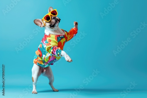 Cute dog wearing colorful clorhes dancing on blue background  photo