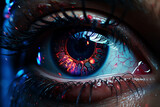 A digitally enhanced close-up of an eye featuring neon glow effects, emphasizing the futuristic and cyberpunk aesthetic in a bold and vibrant style.