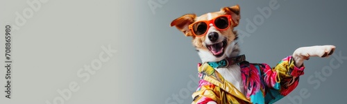 Cute dog wearing colorful clorhes dancing on grey background . Banner