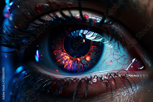 A digitally enhanced close-up of an eye featuring neon glow effects, emphasizing the futuristic and cyberpunk aesthetic in a bold and vibrant style. photo