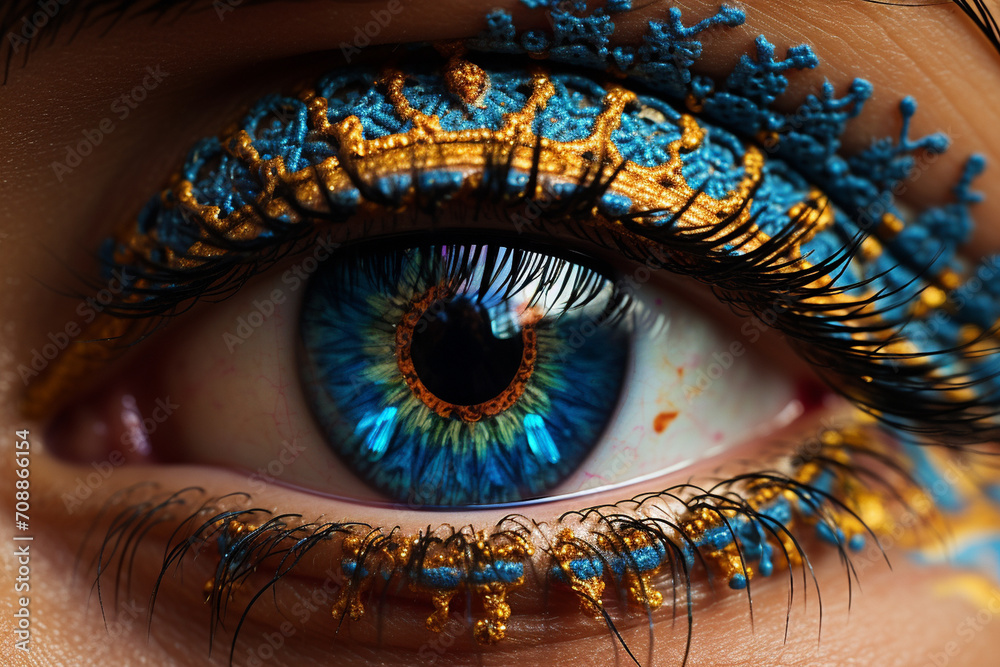 A close-up photograph of an eye adorned with intricate mandala patterns, blending the natural beauty of the human gaze with the spiritual and symbolic significance of mandalas.