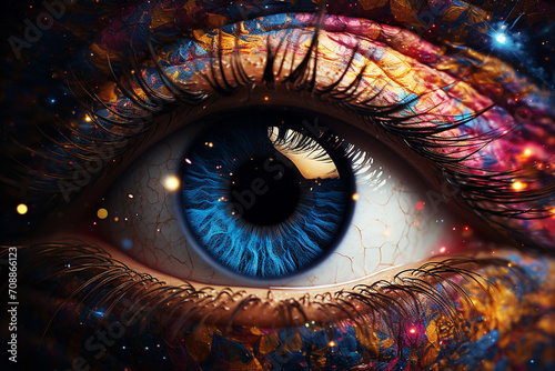 An ethereal close-up of an eye transformed into a cosmic nebula, swirling with celestial colors and constellations, evoking a sense of otherworldly wonder.