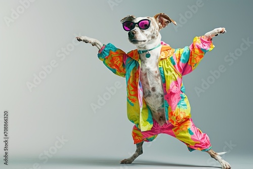 Cute dog wearing colorful clorhes dancing on grey background  photo