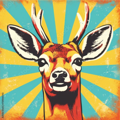 Deer on grunge background with vintage sun rays.