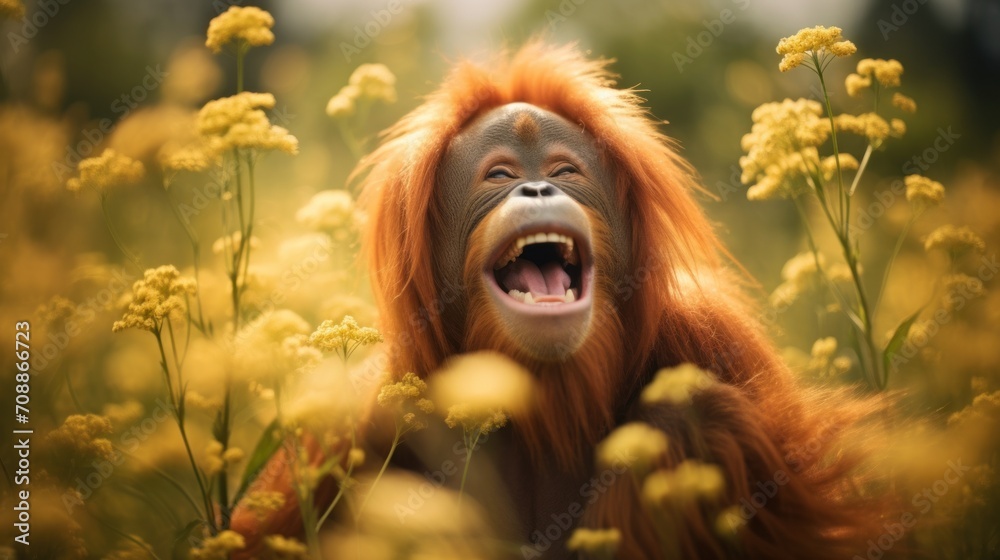 Portrait of happy orangutan rejoice with spring.