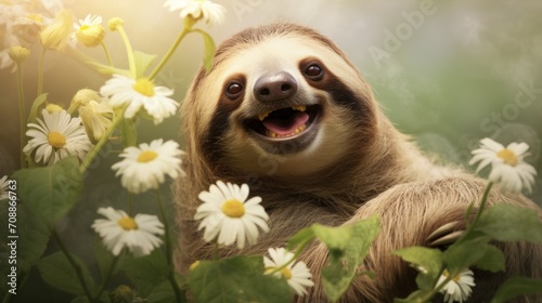 Portrait of happy sloth rejoice with spring. photo