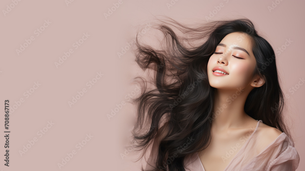 A asian woman breathes calmly looking up isolated on pastel background A asian woman breathes calmly looking up isolated on pastel background