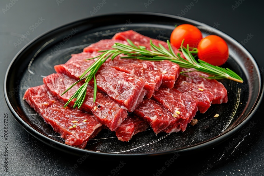 A black plate with beef cuts that have been sliced