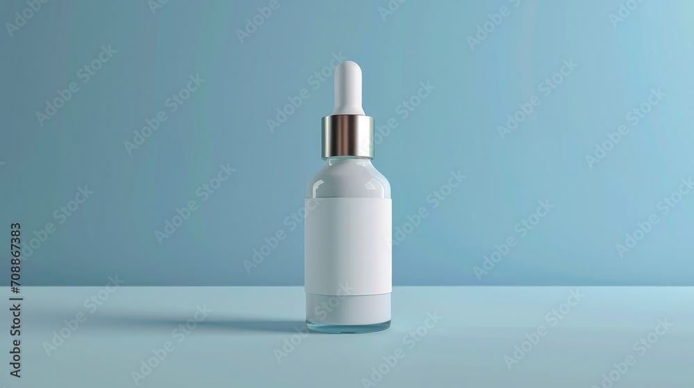 A white dropper bottle with a simple white label on a soft blue background A white dropper bottle with a simple white label on a soft blue background