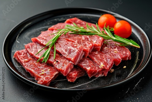 A black plate with beef cuts that have been sliced