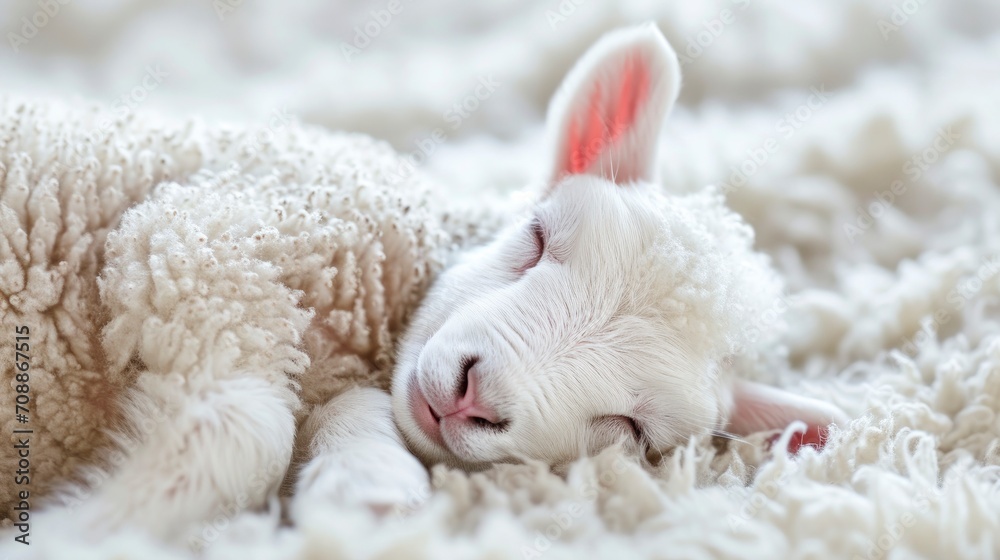 White baby lamb having a nap, close up view White baby lamb having a nap, close up view