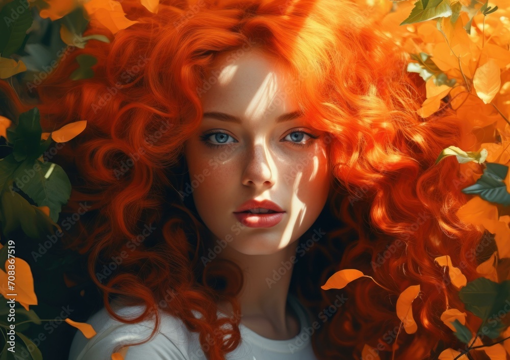 A woman with red hair and orange hair is in the leaves. Generative AI. A woman with red hair and orange hair is in the leaves. Generative AI.