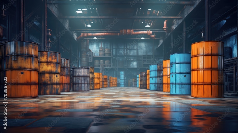 Warehouse with rows of large industrial oil barrels for storage of goods. - obrazy, fototapety, plakaty 