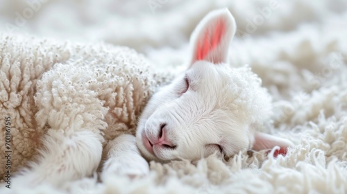 White baby lamb having a nap, close up view