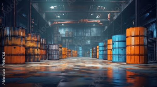 Warehouse with rows of large industrial oil barrels for storage of goods.