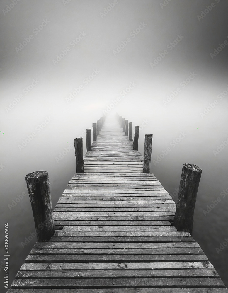 Minimalist artistic image of a wooden jetty disappearing into the fog in black and white. - obrazy, fototapety, plakaty 