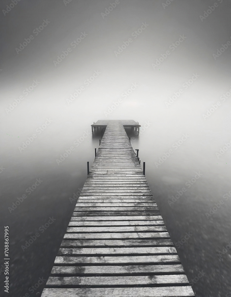 Obraz premium Minimalist artistic image of a wooden jetty disappearing into the fog in black and white.