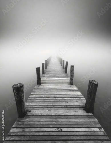 Minimalist artistic image of a wooden jetty disappearing into the fog in black and white.
