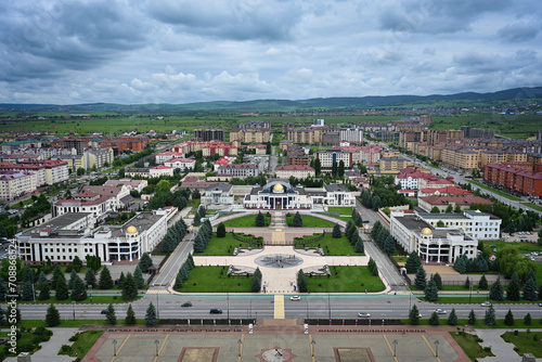Panorama of Dzurdzuki Square in Magas city on a cloudy day