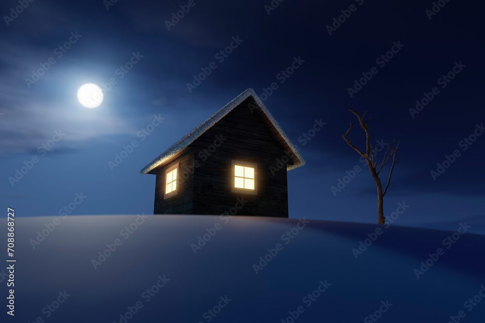 A small wooden house covered with snow during a quiet winter night.